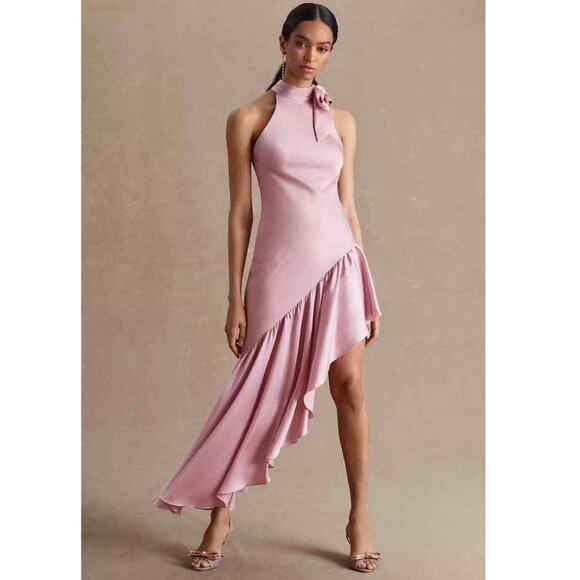 Mac Duggal halter neck ruffled asymmetrical maxi dress pink poly size 6 J3